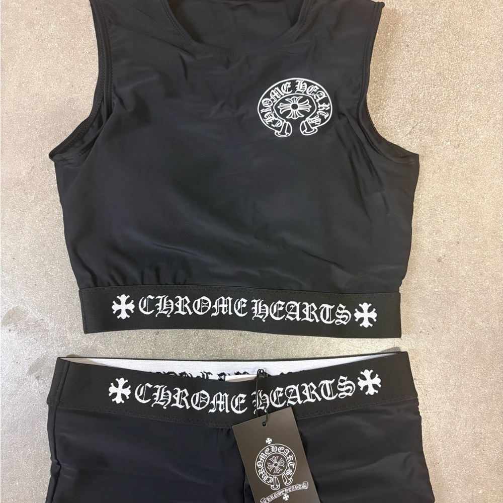 Chrome Hearts Black and White Logo Athletic Crop Top & Shorts Set Women’s Size M - Picture 2 of 6
